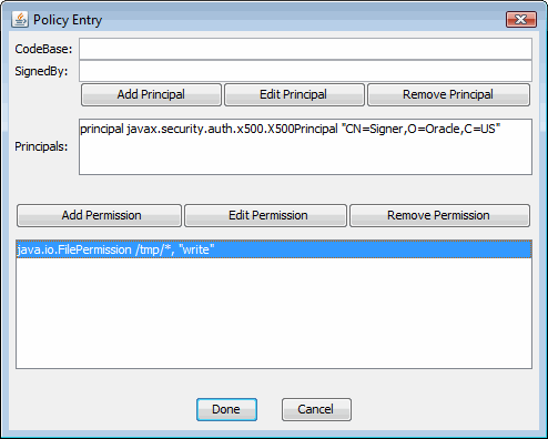 Policy Entry dialog showing the X500Principal and the file permission